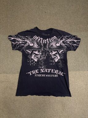 Affliction Black Tee with Light Gray Skull Lightning Graphic